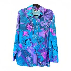 Vintage Caribou New York Blouse Women XL Multicolor Floral Button Up Long Sleeve
